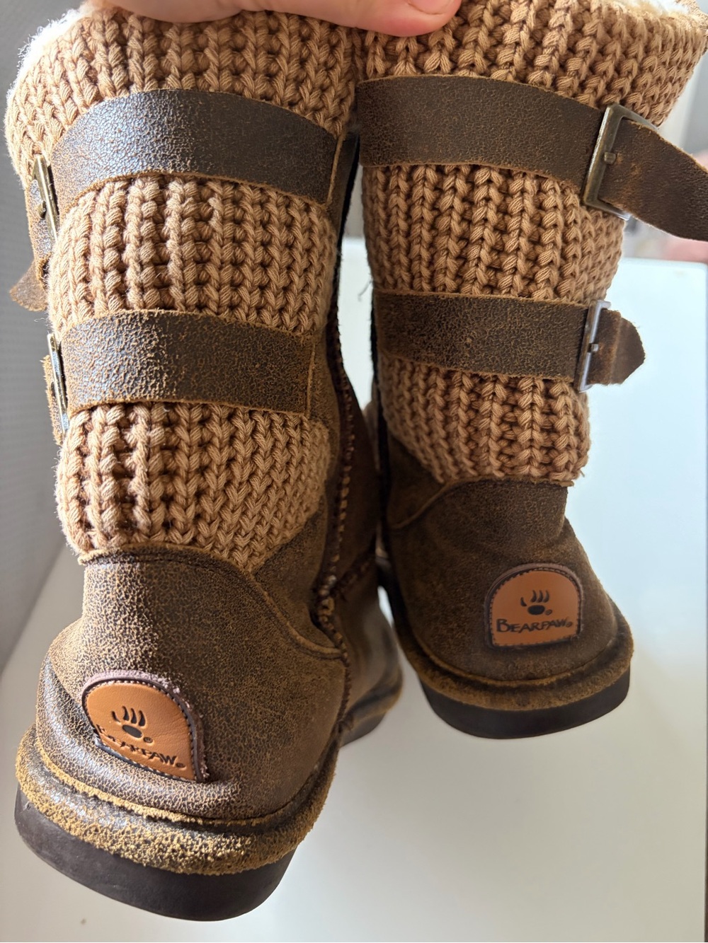 Bearpaw Brown Suede Knit Wool Sheepskin Mid-Calf Buckle Boots Size 8